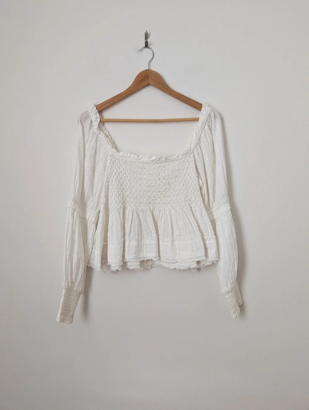 Anthropologie White Cotton Smocked Shirred Button Down Cropped Babydoll Top